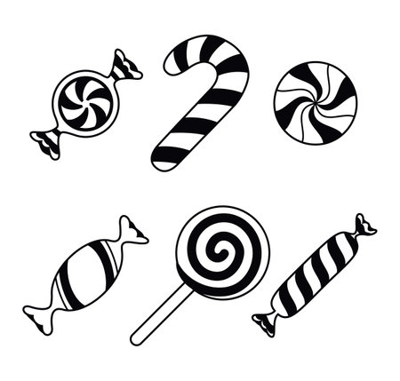 Striped sweetmeats set, line art design. Hard candy, candy cane, lollipop, candies in wrapper. Design element for Christmas, New Year, birthday, party. Vector illustration isolated on white backgroundのイラスト素材