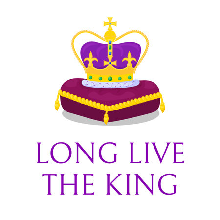 Poster with text of Long live the King. Golden crown on purple pillow. Ready greeting card for celebrate a coronation of Prince Charles III of Wales. Proclamation of New British monarch. vectorのイラスト素材