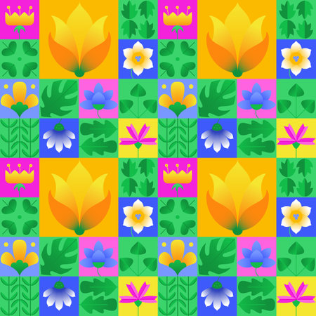 Spring seamless geometric pattern. Abstract vector flower and leaves artwork with colorful simple shapes. Creative bauhaus style for web banners, fabric print, wrapping, background, wallpapersのイラスト素材