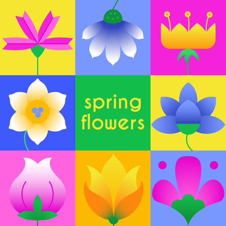 Abstract spring flowers in colorful simple geometric shapes collection. Spring art print with botanical elements. Creative modern bauhaus style for poster, web banner, background or sticker. vectorのイラスト素材