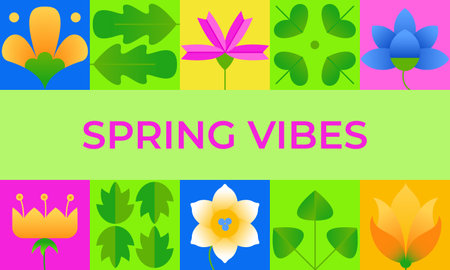 spring vibe card. Abstract flat minimalist geometric flowers and leaves in colorful simple shapes. Creative modern bauhaus style for poster, invitation, web banner, background, advertisement. vectorのイラスト素材