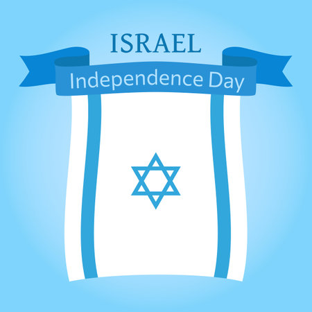 Israel Independence Day celebration poster. Greeting design with waving flag on light blue background. National holiday design template. Great for card, website, print, social media. vector flat styleのイラスト素材
