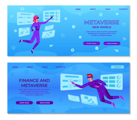 Metaverse digital cyber technology landing page template. Woman and man in VR glasses and suit manages market trends on virtual screen. Cyberspace equipment for AR gaming, education, business. vectorのイラスト素材