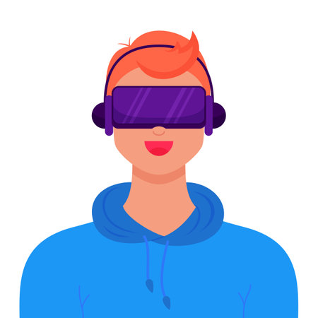 VR and AR technology metaverse concept. Man wearing virtual reality headset and headphones. Digital world simulation, innovation network experience, AR gaming. Futuristic lifestyle. vectorのイラスト素材