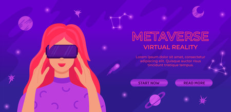 VR and AR technology metaverse banner template. Woman wearing virtual reality headset and headphones. Digital cyber world simulation, gaming, education. Great for landing page, ui, website designのイラスト素材