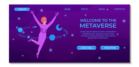 Metaverse technology landing page template. Young woman in VR suit and VR glasses. Innovation network experience, AR gaming. Futuristic lifestyle. Suitable for banner, ui, mobile app, website designのイラスト素材