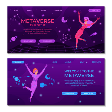 Metaverse digital technology landing page template. Woman in VR glasses and VR suit. Cyberspace equipment for AR gaming, entertainment, education, business. Suitable for banner, ui, website designのイラスト素材
