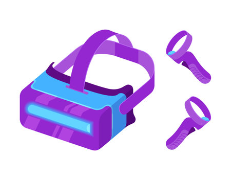 VR glasses and hand tracking controllers in isometric style. Cord-free design of virtual reality headset isolated on white background. Innovation network experience, AR gaming. vector illustrationのイラスト素材