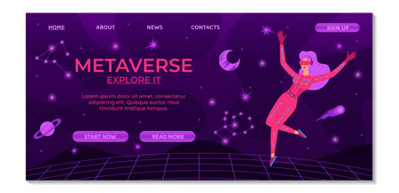 Metaverse digital cyber technology landing page template. Woman in VR glasses and VR suit. Cyberspace travel concept. Innovation network experience, AR gaming. Suitable for banner, ui, website designのイラスト素材