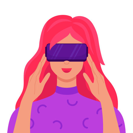 VR and AR technology metaverse concept. Woman wearing virtual reality headset and headphones. Digital world simulation, innovation network experience, gaming, education. Futuristic lifestyle. vectorのイラスト素材