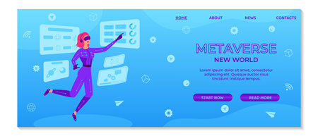 Metaverse digital cyber technology landing page template. Woman in VR glasses and VR suit manages business on virtual screens. Innovation experience, AR gaming. Suitable for banner, ui, website designのイラスト素材