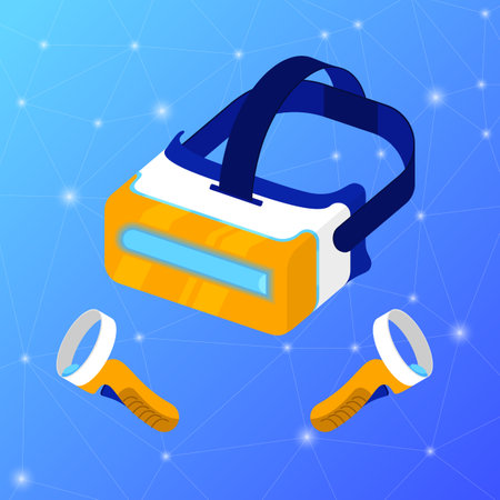 VR glasses and hand tracking controllers in isometric style. Cord-free design of virtual reality headset on futuristic interface. Cyberspace equipment for AR gaming, entertainment, education, businessのイラスト素材
