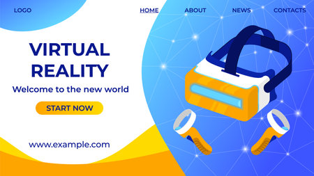 VR glasses and hand tracking controllers landing page template. Design of virtual reality headset on futuristic interface for banner, website. Cyberspace equipment for AR gaming, education, businessのイラスト素材