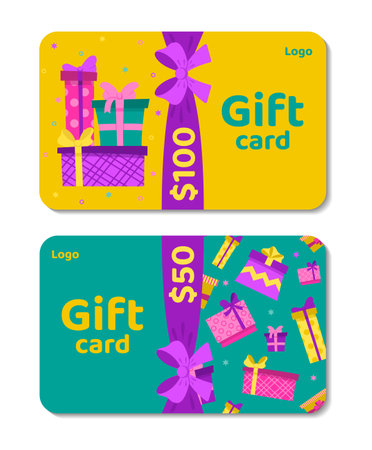 Set gift vouchers with ribbons and presents boxes. Loyalty program, customer gift reward bonus card. Creative template for coupon, certificate, invitation, ticket, flyer, banners. vector illustrationのイラスト素材