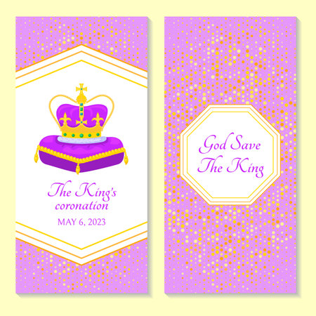 Typography flyer in honor of the King's Charles III coronation. God Save the King two sides poster. Golden crown on purple pillow. Great for banner, greeting card, invitations, voucher, print. vectorのイラスト素材