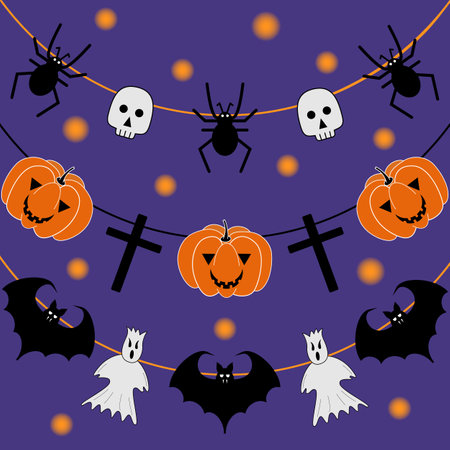 Vector cartoon poster, postcard, background for Halloween. Pumpkin, ghost, spider, skull, cross and bat hang as a garland on a dark background with stars or lanterns.のイラスト素材