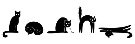 Five black cats in different positions - sitting, sleeping, coughing, frightened, stretching. Vector illustration isolated on white background.のイラスト素材