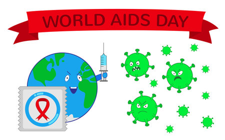 The planet is fighting the AIDS virus with a condom and syringe. Concept for healthcare banner, web page, flyer, sticker, card or AIDs/HIV poster. Cartoon style objects isolated on white background.のイラスト素材