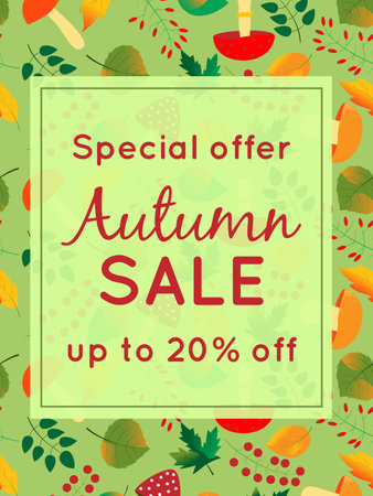 Autumn sale text banners for shopping promo or discount. Seamless pattern of edible and inedible mushrooms, berries on a branch and autumn leaves on a green background. Perfect for leaflet, web, menuのイラスト素材