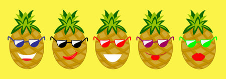 Set of cute positive pineapples with glasses. Cartoon summer design of character. vector illustrationのイラスト素材