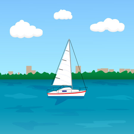 White sailboat floating on the river against the backdrop of the embankment and the city. vector illustrationのイラスト素材