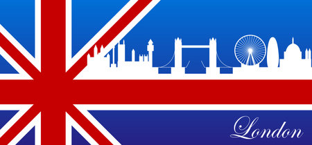 Silhouette of London city against the background of the British flag. Great design for greeting card, invitation, print, banner, poster, social media, collage, web. vector illustrationのイラスト素材
