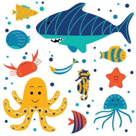 Set with cute smiling sea animals - shark, seahorse, crab, octopus, jellyfish, starfish and various fish. Marine and ocean fauna isolated on white background. Flat cartoon vector illustration.のイラスト素材