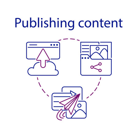 Publishing content simple set. CMS concept icon. One of the stages of content management system process. Share or download photo, image, video, audio, file, text. Isolated symbol for web and mobile phoneのイラスト素材