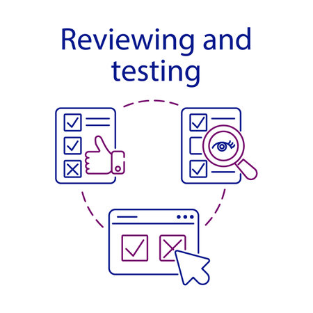Reviewing and testing content simple set. CMS concept icon. One of the stages of content management system process. Inspection, analysis and checkup. Symbol for web and mobile phone on white backgroundのイラスト素材
