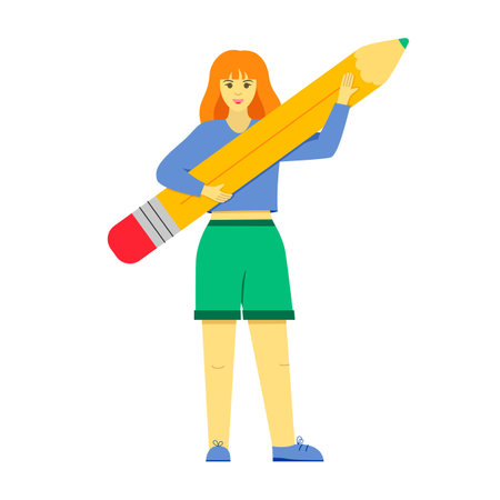 Happy woman holds large pencil. Concept of education, copywriting, creativity, achievement, blogging. Cute funny isolated characters. Young student stands with pen. vector flat illustrationのイラスト素材