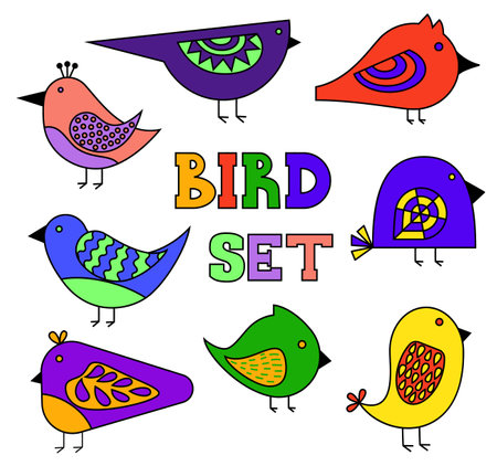 Set of abstract colored birds isolated on a white background. Decorative print for packaging, wallpaper, fabric. Vector collection of design elementsのイラスト素材