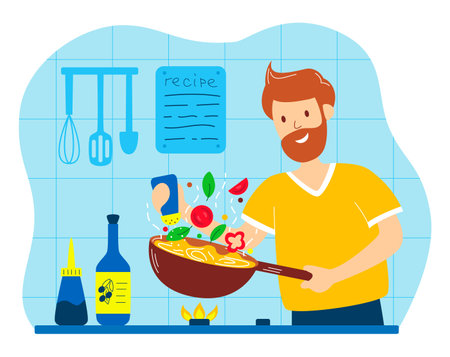 Man cooks at home in the kitchen. The guy salts food in a skillet. Husband's household chores. Concept for stay-at-home dad doing domestic chores. Flat vector illustration in cartoon styleのイラスト素材