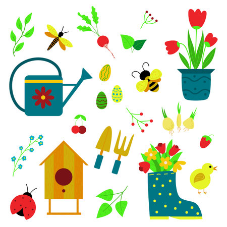 Set of spring gardening tools, insects, plants. Vector illustration of elements or icons for gardening and farming. flat cartoon style.のイラスト素材