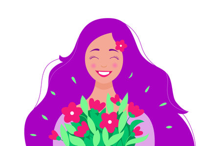 Happy girl with a bouquet of flowers. Cute young woman with loose wavy purple hair. Concept for Mother's Day, Valentine's Day, March 8 Women's Day, birthday. Stylish lady. spring vector illustrationのイラスト素材
