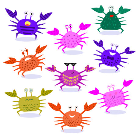 Set of cute cartoon crabs in different poses. Emotional sea animal. Flat style vector illustration isolated on white background.のイラスト素材