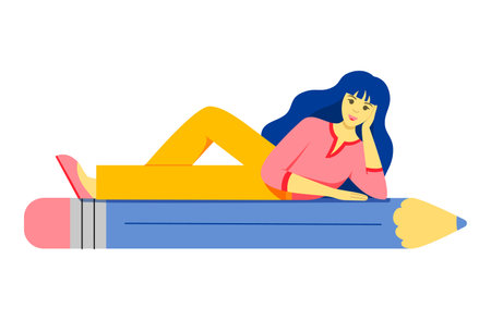 Young woman lies on a giant pencil. Concept of education, copywriting, business, creativity, achievement, blogging. Cute flat female character on white background. vector illustrationのイラスト素材