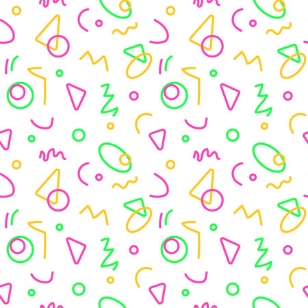 Seamless pattern squiggle scribble in 90s style. Fun colorful line doodle for children. Creative abstract design with basic shapes. Great for textile, fabric, wallpaper, wrapping, background, paperのイラスト素材