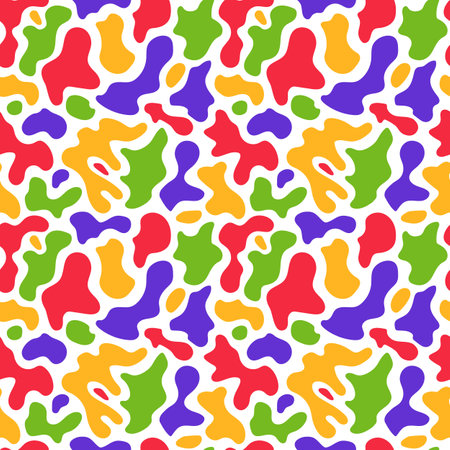 Spotted seamless pattern in rainbow colors, 90s style. Bright neon colorful abstract trendy design. Psychedelic fluid drops. Great for textiles, fabrics, wallpaper, wrapping, backdrop, paper, printのイラスト素材