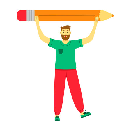 Student standing with big pencil. Character holds giant pencil over his head. Concept of education, copywriting, teaching, creativity, content manager, blogging, drawing. Cute funny young man teenagerのイラスト素材