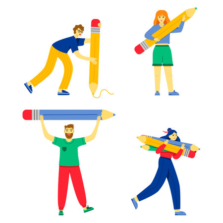 Various students standing with big pencils. Young teenagers holding giant pencils. Concept of education, copywriting, creativity, content manager, blogging, drawing. Cute funny isolated charactersのイラスト素材