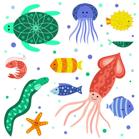 Set with cute smiling sea animals - sea turtle, shrimp, jellyfish, squid, starfish, moray eels and various fish. Marine and ocean fauna isolated on white background. Flat cartoon vector illustration.のイラスト素材