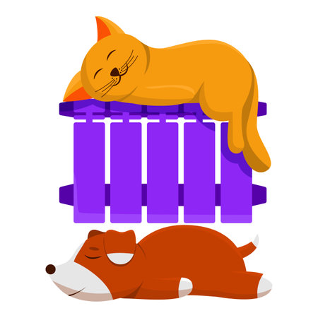 Cute ginger cat and a brown dog basking on a hot heating radiator. Lovely pets warm themselves near the battery. Vector cartoon close-up illustrationのイラスト素材