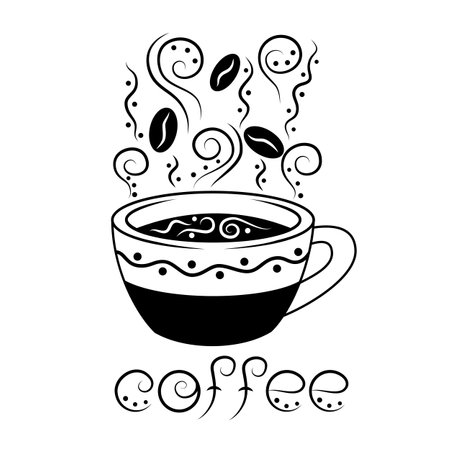 Cup of coffee with the inscription coffee in black and white design. Image for decorating flyers, brochures, invitations, logo or cafe menu. Vector vintage illustration.のイラスト素材