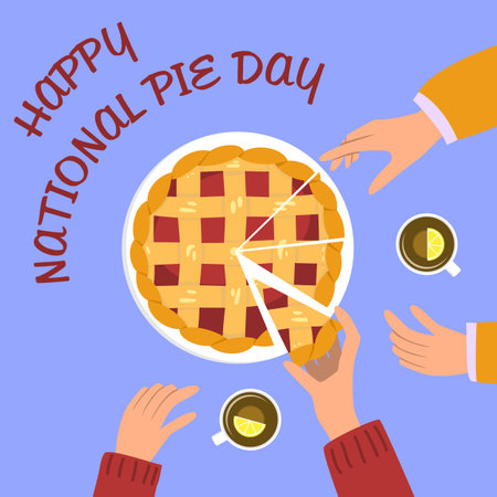 Happy National Pie Day. Postcard on which people eat cake and drink tea. Raspberry or strawberry tart and black tea with lemon. teatime. top view. Good for decoration, poster, banner, invitationのイラスト素材
