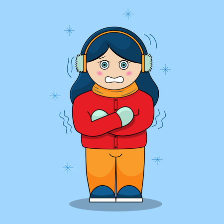 Young girl or child is frozen in the cold. A girl with blue hair in a red jacket and yellow pants. Woman shivers in winter weather in winter clothes. vector illustrationのイラスト素材