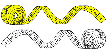 Yellow and black and white sewing centimeter tapes. Hand drawn object isolated on white background. Vector sewing elements in trendy style.のイラスト素材