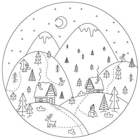 Winter landscape with wooden houses, wild animals and a snowman. mountain forest in the snow. winter night. black and white vector illustrationのイラスト素材
