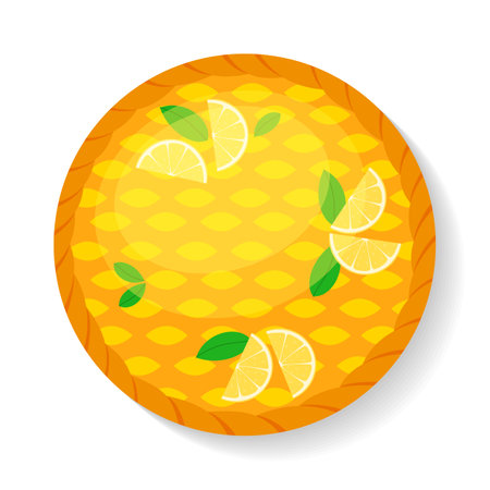 Whole homemade lemon pie with lemon slices and leaves. Top view. Delicious and beautifully decorated cake. Cooking, baking, thanksgiving day concept. Vector Illustration isolated on white backgroundのイラスト素材