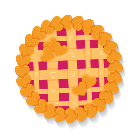 Raspberries jam pie with lattice crust and heart shape decorations. Top view. Delicious festive cake for Valentines Day, Womens Day, Mothers Day, National pie day. For web, menu, recipe, deliveryのイラスト素材