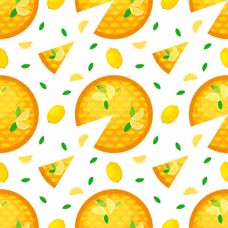 Seamless pattern with homemade lemon pie, piece of pie and lemons. Dessert ready to eat. Concept of National pie day or Thanksgiving day for web, menu, wrapping, textile, background, fabric, wallpaperのイラスト素材